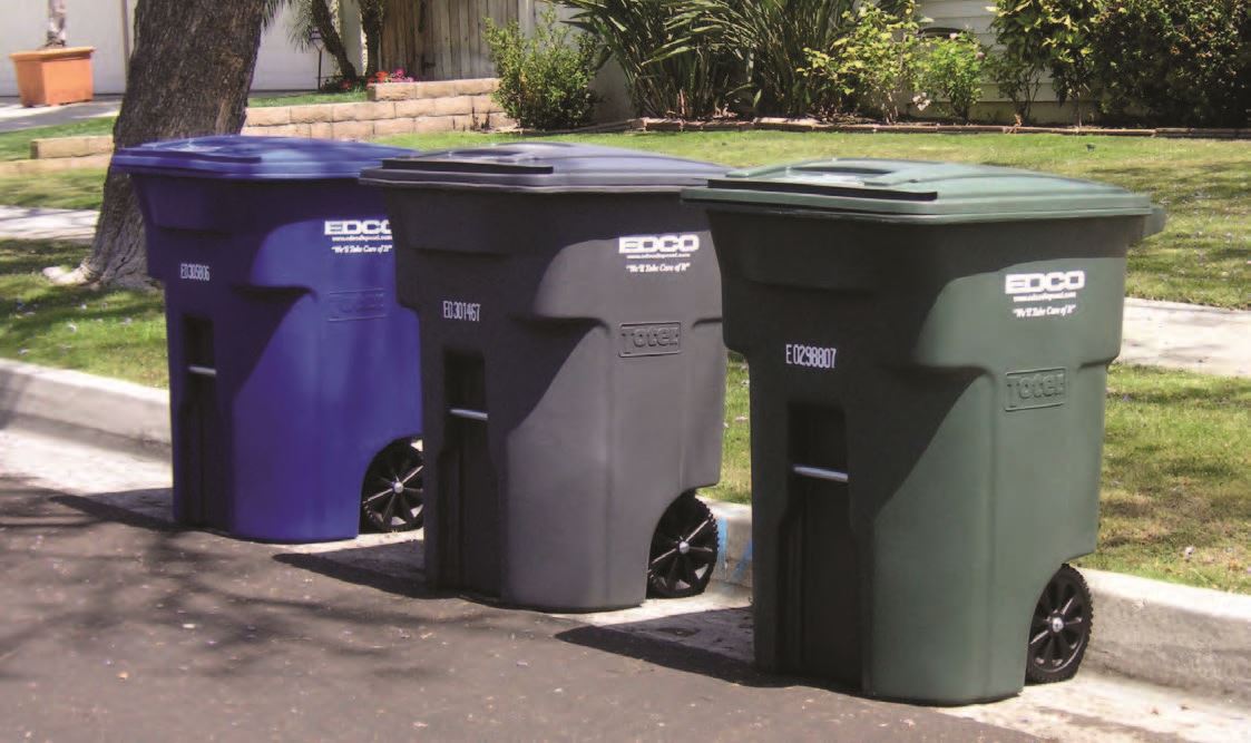 Three Waste Bins one blue one gray one green