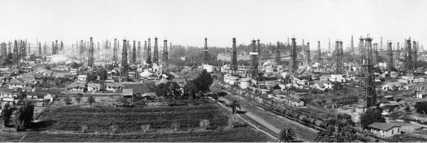 Black and white image of an oil field