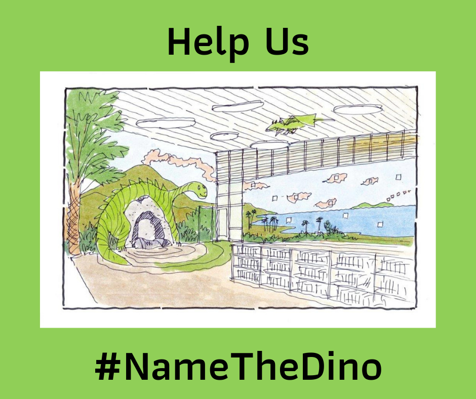 Help Us #NametheDino with concept drawing of large green dinosaur inside library