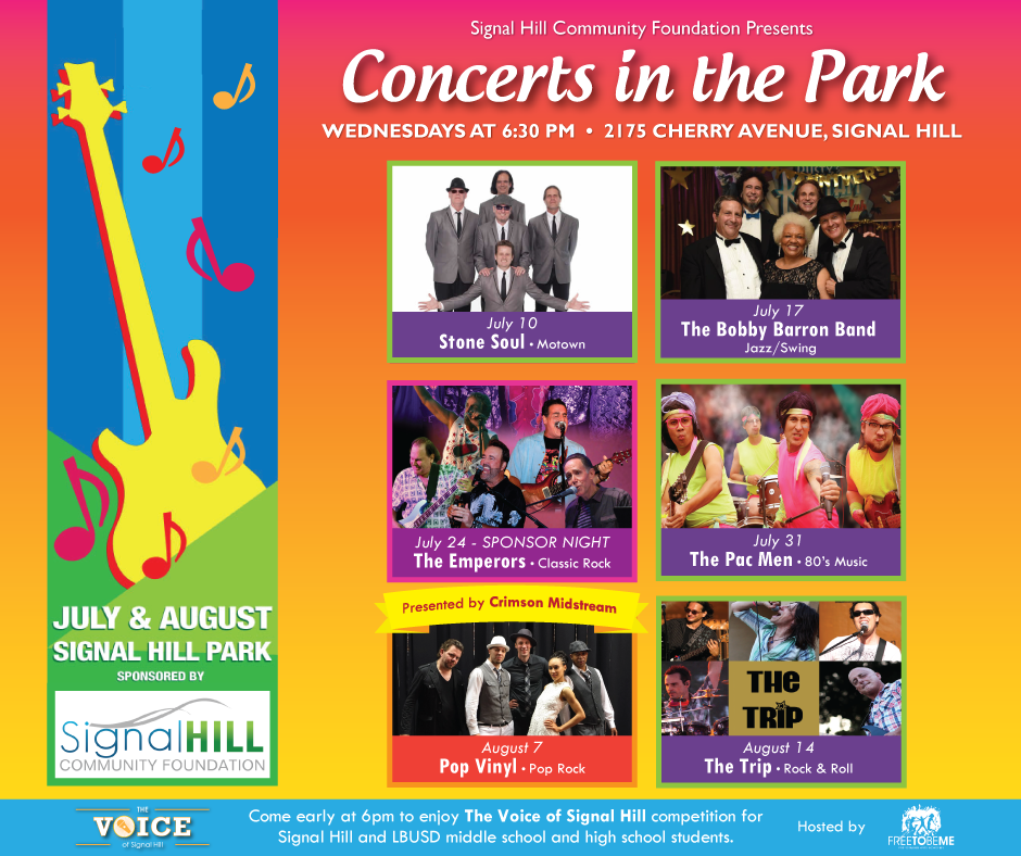 Concerts in the Park Wednesdays 6:30 pm Band Photos and Guitar Logo